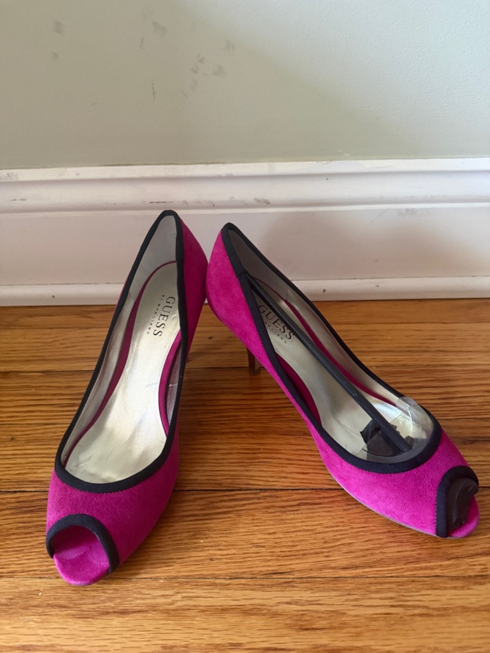 GUESS Fuchsia Suede Peep-Toe Heels with Black Trim